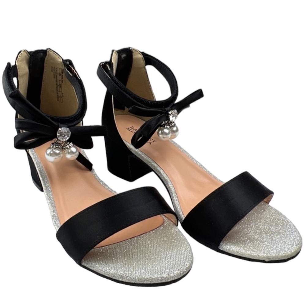 Badgley Mischka Girls Size 2 Black High Heels Pearl Diamond Accents